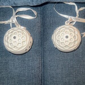 2 Pandora Porcelain White Christmas Ornaments Balls 2011, 3" Dia.